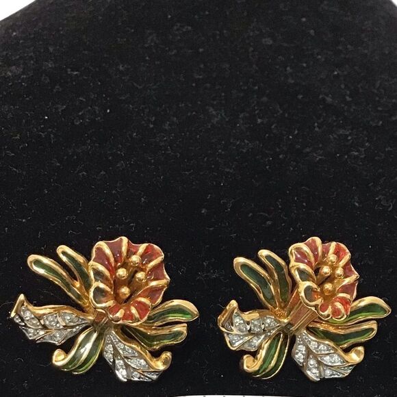 Joan Rivers Vintage Plique A Jour Orchid Brooch And Matching Pierced Earring Set - Picture 8 of 16